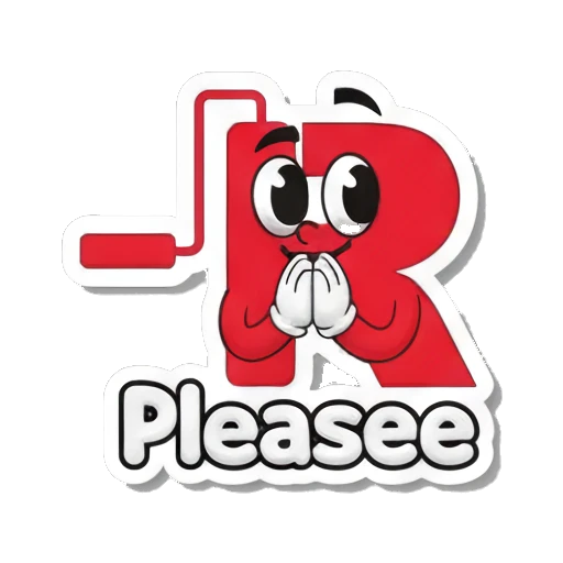 Letter R looking pleading with clasped hands and text Please Red Letter R Adventures sticker for expressive chats and social replies.