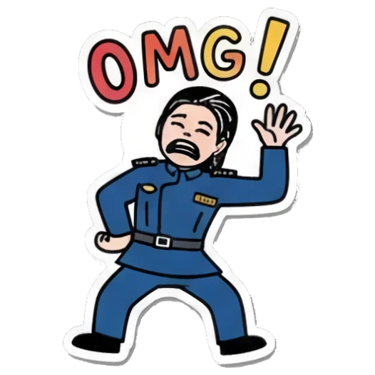 Shocked and surprised, shouting 'OMG!' Officer's Daily Moods sticker for expressive chats and social replies.