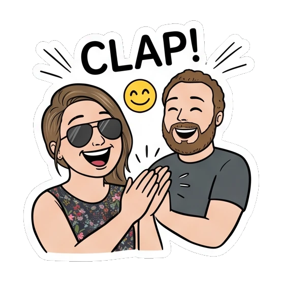 Woman and man clapping hands with text CLAP! Couple Vibes Daily sticker for expressive chats and social replies.