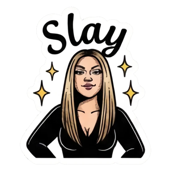Blonde girl looking confident with sparkles and text 'Slay' Vintage Blonde Expressionist sticker for expressive chats and social replies.