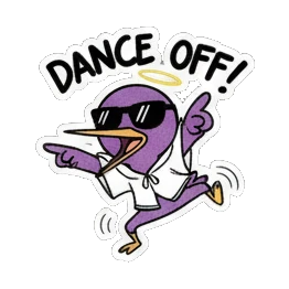 Purple bird dancing with sunglasses, text DANCE OFF Purple Bird Music Festival sticker for expressive chats and social replies.