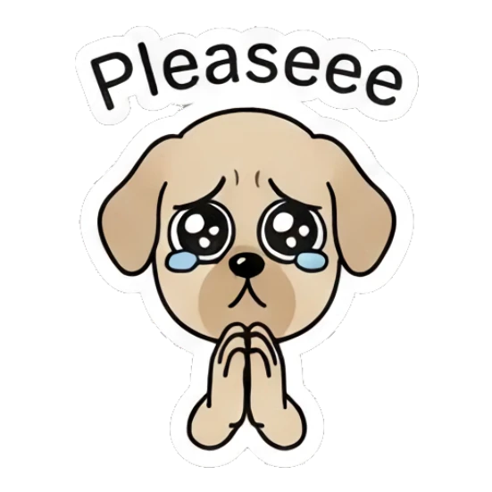 Cute puppy character begging with Please text Joker Comic Expressions sticker for expressive chats and social replies.