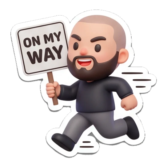 Bearded man running with a sign, text ON MY WAY Bearded Buddy Expressions sticker for expressive chats and social replies.