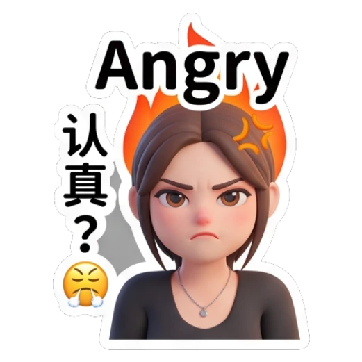 Young woman looking angry with fire effect and 'Angry' text Modern Girl Daily Expressions sticker for expressive chats and social replies.