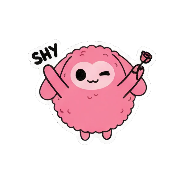 Pink creature holding a rose with SHY text Pink Fluffy Buddy sticker for expressive chats and social replies.