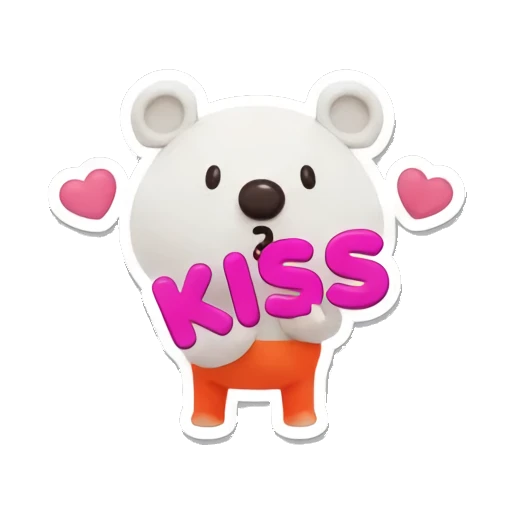 Polar bear cub blows a kiss with KISS text, surrounded by hearts. Cheerful Polar Bear Cub sticker for expressive chats and social replies.