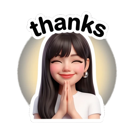 Grateful girl with hands together and 'thanks' text Cute 3D Girl Expressions sticker for expressive chats and social replies.