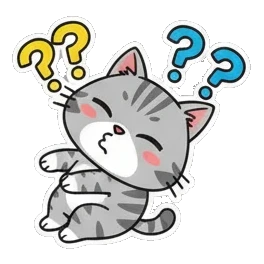 Gray tabby cat looking confused with question marks Cheerful Gray Tabby Adventures sticker for expressive chats and social replies.