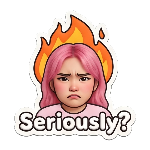 Angry girl with a flame icon above her head looking annoyed. Pink Hair Girl Daily Vibes sticker for expressive chats and social replies.