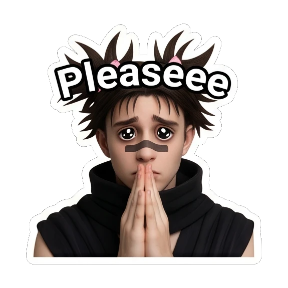 Pleading young man with hands together and text Pleaseee Spiky Hair Boy Reactions sticker for expressive chats and social replies.