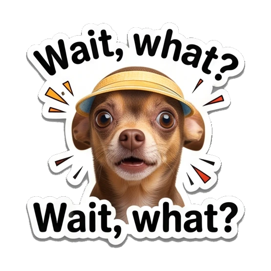 Chihuahua wearing a bucket hat, looking confused, text Wait, what? Chihuahua Moods sticker for expressive chats and social replies.