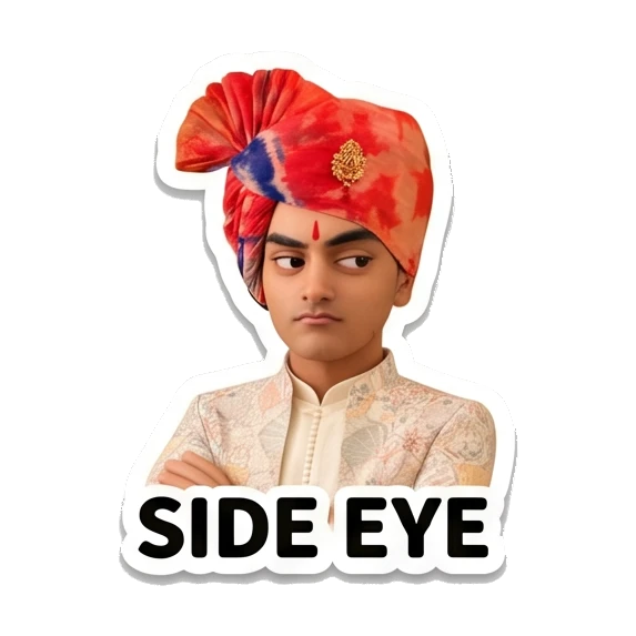 Young Indian boy looking sideways with a skeptical side eye expression. Indian Prince Expressions sticker for expressive chats and social replies.