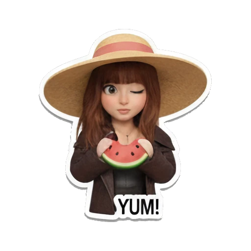 Girl with straw hat eating watermelon, happy, text YUM Summer Vacation Girl sticker for expressive chats and social replies.