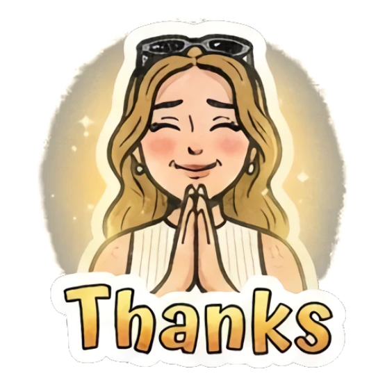 Girl with hands together in prayer, glowing effect, text 'Thanks' Retro Comic Girl Expressions sticker for expressive chats and social replies.