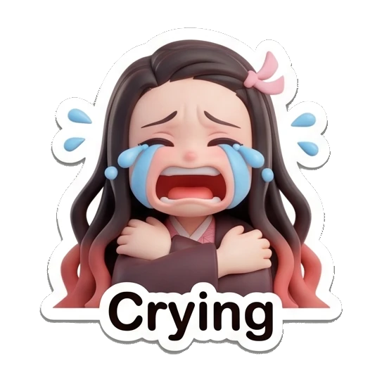 Nezuko crying loudly with blue tears Nezuko Cute 3D Moments sticker for expressive chats and social replies.