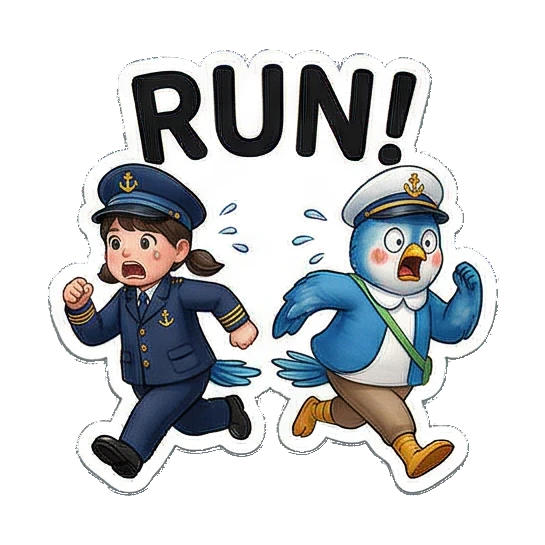 萌趣十足的卡通形象 Little Captain & Blue Bird Duo sticker for expressive chats and social replies.