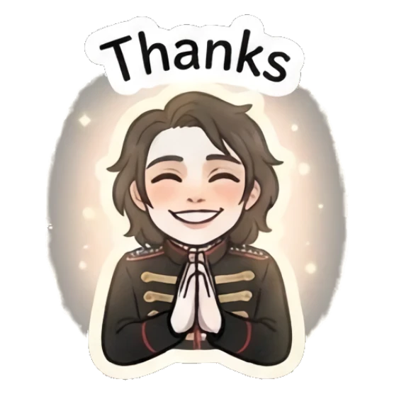 Rocker boy smiling with hands together in prayer, 'Thanks' text. Emo Rocker Daily Vibes sticker for expressive chats and social replies.