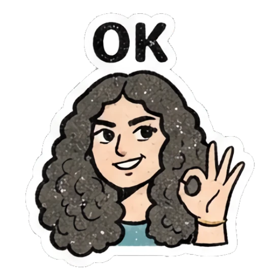 Curly-haired girl making an OK gesture with text OK Curly Hair Retro Vibes sticker for expressive chats and social replies.