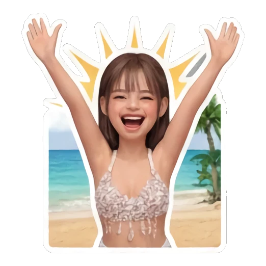 Girl waving hands enthusiastically with big smile Summer Beach Girl Vibes sticker for expressive chats and social replies.