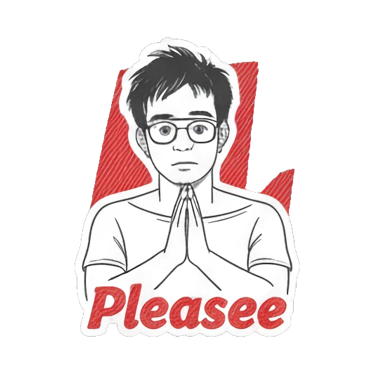 Young man with hands together in a praying gesture and text Pleasee. Daily Moods of a Young Man sticker for expressive chats and social replies.