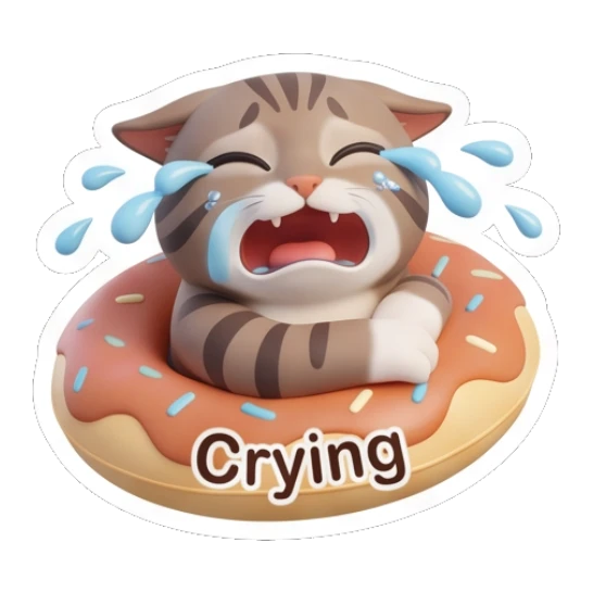 Tabby cat crying inside a donut floatie, text Crying Tabby Cat Daily Vibes sticker for expressive chats and social replies.