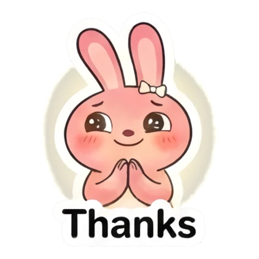 Grateful pink bunny with hands together saying Thanks Pink Bunny Moods sticker for expressive chats and social replies.