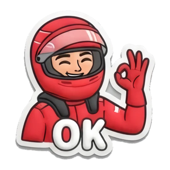 Racer giving an OK hand sign with a cheerful smile Red Racer Mascot sticker for expressive chats and social replies.
