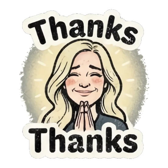 Grateful blonde girl with hands pressed together in thanks. Retro Blonde Comic Vibes sticker for expressive chats and social replies.