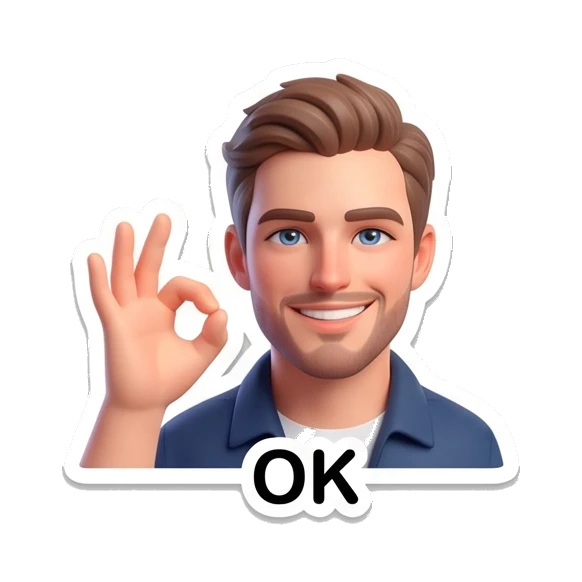 Young man making an OK hand gesture with a confident smile and 'OK' text. Modern Guy Daily Expressions sticker for expressive chats and social replies.