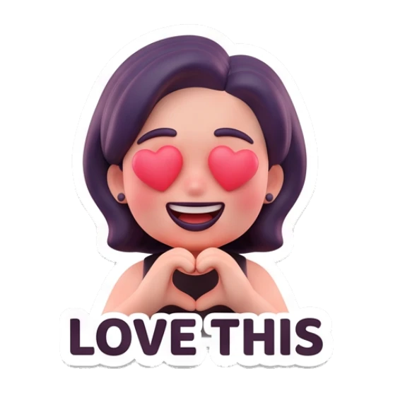 Happy girl making a heart shape with hands and heart eyes with text LOVE THIS Modern Chic Girl Expressions sticker for expressive chats and social replies.