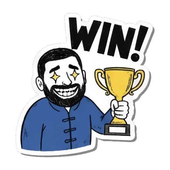 Excited man holding trophy, "WIN!" Bearded Guy's Moods sticker for expressive chats and social replies.