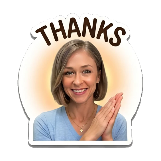 Woman with hands together in gratitude, text THANKS Everyday Expressions of Sarah sticker for expressive chats and social replies.