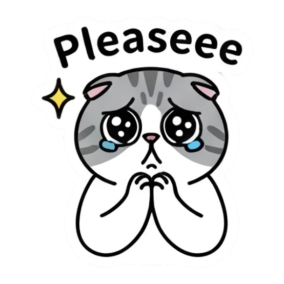 Pleading gray cat with teary eyes and hands together with text Pleaseee Gray Tabby Moods sticker for expressive chats and social replies.