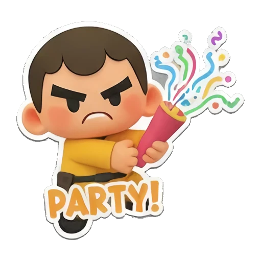 8. Boy celebrating with a party popper, Party text. Cheerful Yellow Boy Adventures sticker for expressive chats and social replies.