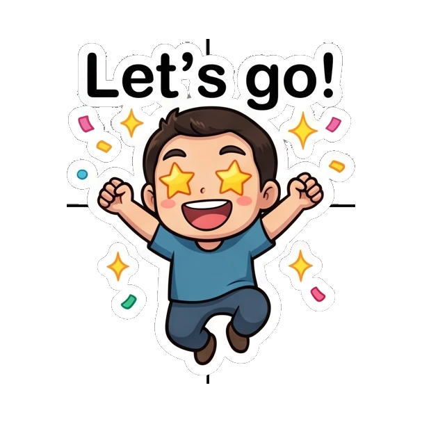 Boy jumping with excitement and star-shaped eyes. Cheerful Boy Daily Life sticker for expressive chats and social replies.