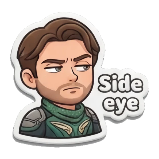 Skeptical hero giving a side eye glance. Heroic Daily Vibes sticker for expressive chats and social replies.