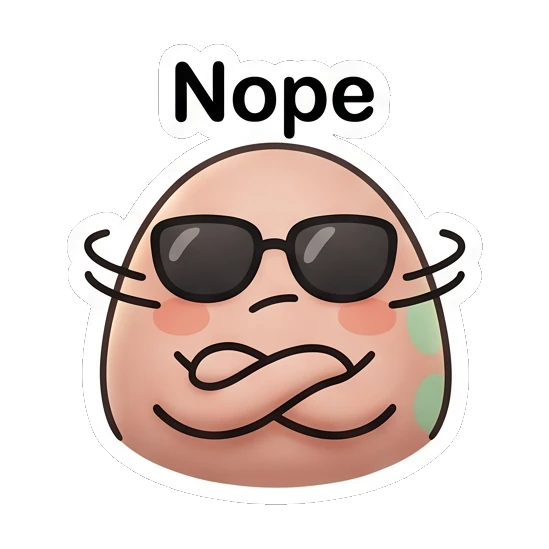 Disapproving egg character with crossed arms and 'Nope' text. Little Egg Moods sticker for expressive chats and social replies.