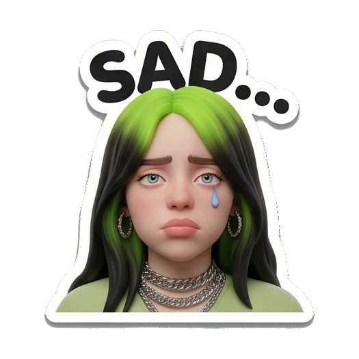 Billie character crying with SAD... text, sorrowful Billie Eilish 3D Expressions sticker for expressive chats and social replies.