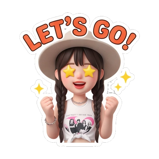Girl in hat looking excited with star eyes and text LET'S GO Chic Hat Girl Expressions sticker for expressive chats and social replies.