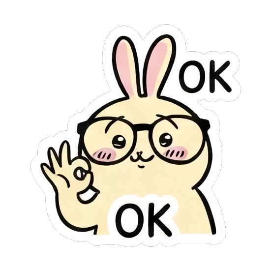 Rabbit with glasses making an OK hand gesture. Smart Bunny Daily Moods sticker for expressive chats and social replies.