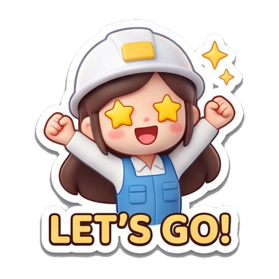 Construction girl cheering with star eyes saying LETS GO Yewab Construction Crew sticker for expressive chats and social replies.