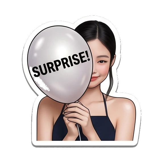 Young woman hiding behind balloon, text SURPRISE Jennie Birthday Party Vibes sticker for expressive chats and social replies.