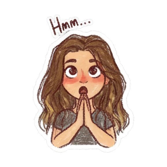 Thoughtful girl with hands together and text Hmm Curly Haired Girl Daily Vibes sticker for expressive chats and social replies.