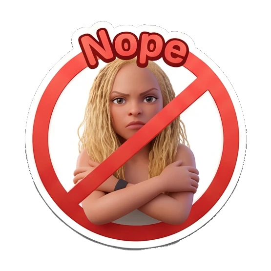Blonde girl with arms crossed in a red prohibition circle and Nope text Blonde Girl Daily Vibes sticker for expressive chats and social replies.