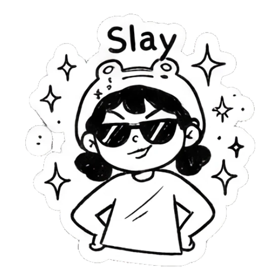 Girl in frog hat wearing sunglasses with Slay text Froggy Girl Doodles sticker for expressive chats and social replies.