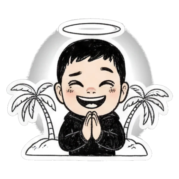 Boy praying with a halo and palm trees in the background. Cool Boy Doodle Diary sticker for expressive chats and social replies.