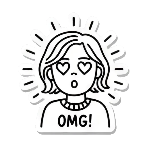 惊讶女孩，文字OMG Line Art Emotion Stickers sticker for expressive chats and social replies.