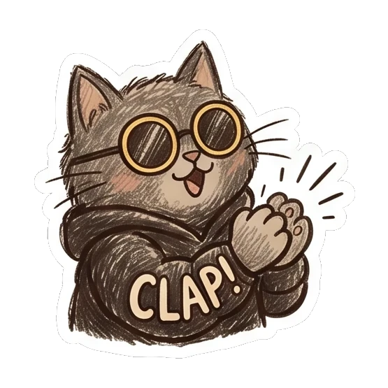 Cat clapping hands enthusiastically with text CLAP. Furry Doodle Cat Daily sticker for expressive chats and social replies.