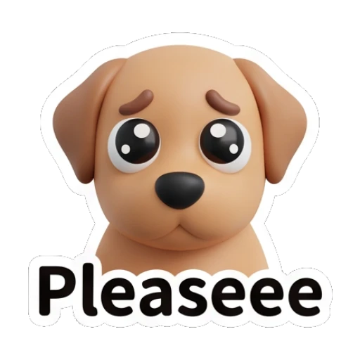 Cute puppy dog face with big pleading eyes saying Pleaseee. Bearded Buddy Expressions sticker for expressive chats and social replies.