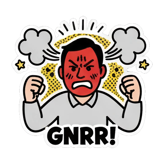 Man with red face and steam, angry, text GNRR! Cheerful Office Guy sticker for expressive chats and social replies.